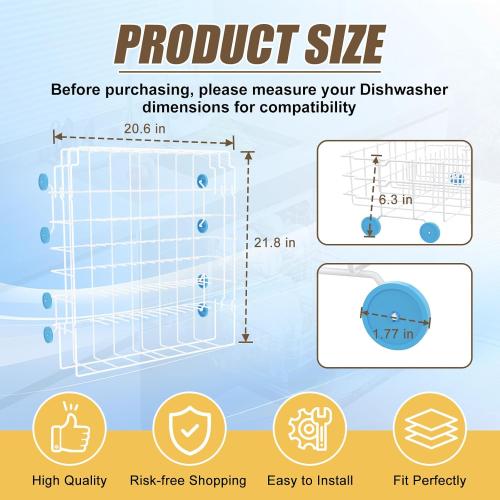 UPGRADED 808602302 Dishwasher Lower Rack Compatible with Frigidaire, Kenmore Bottom Rack Dishwasher Replacement with 154174501 Blue Wheels Replace 154432602 154432601 Dishwasher Rack Replacement