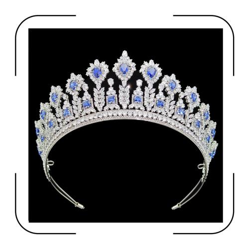 Luxury CZ Royal Blue Crowns and Tiaras for Bride Handmade Cubic Zirconia Large Bridal Headpiece Princess Prom Queen Crown Wedding Hair Accessories Zircon Crystal Tiara Headband
