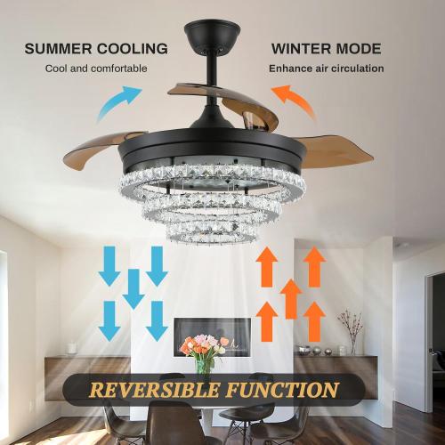 42 Black Dimmable LED Fandeliers Crystal Chandelier Ceiling Fan with Lights Modern Invisible Crystal Fan 3 LED Color Change with Memory Function