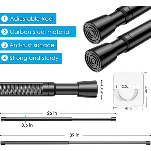 1Pack Spring Tension Curtain Rod 26-39 inch Black Adjustable Spring Rod Extendable Tension Rod For Kitchen, Bathroom, Window, Bookshelf, Closet