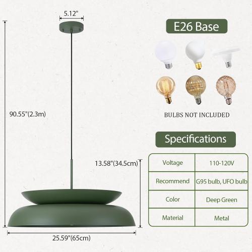 TeHenoo Mid Century Chandeliers, 25.5 inch, 2-Tiered Lampshade,Large Pendant Lighting,for Dining Room,Living Room,Olive Green