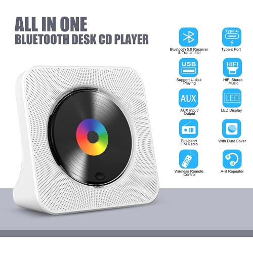CD Player Portable Bluetooth Desktop CD Player for Home with Timer Built-in HiFi Speakers with LCD Screen Display Boombox FM Radio USB Type-c