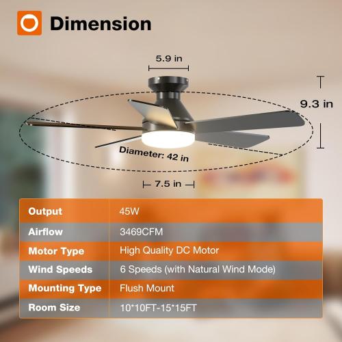 addlon Ceiling Fans with Lights, 42 Inch Low Profile Ceiling Fan with Light and Remote Control, Flush Mount, Reversible, 3CCT, Dimmable, Quiet, Black Small Ceiling Fan for Bedroom Indoor/Outdoor Use