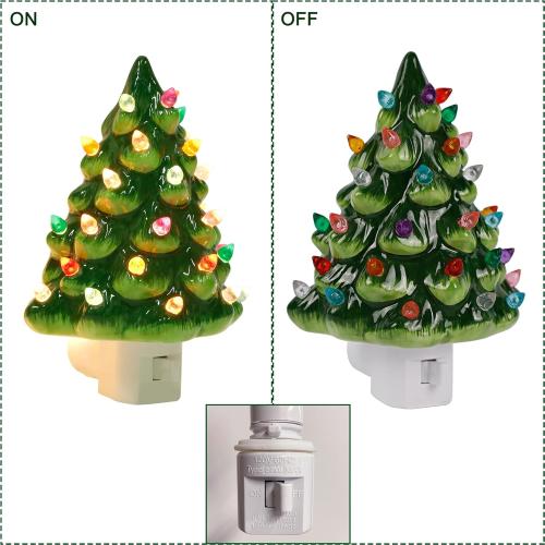 2 Pack Blissun Christmas Night Light, Ceramic Tree Decor 6 Inch with Multicolor Bulbs, 360° Swivel Plug & On/Off Switch for Bedroom, Home, Bathroom (2 Pack)