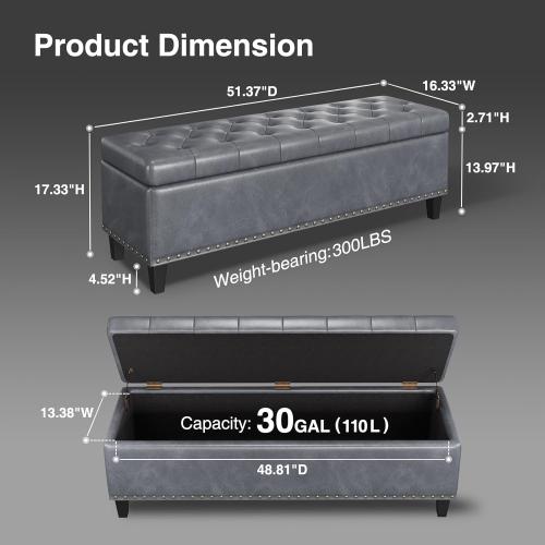 Size 51 Color Grey Large Storage Bench, 51-Inch Ottoman for Bedroom End of Bed, 30 Gallons Faux Leather Bench for Bedroom, Living Room, Entryway, Hallway, Grey
