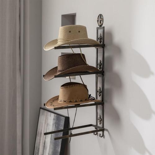 Size 13.8x32.6 Color brown Cowboy Hat Rack for Wall, Metal Fleur-De-Lis Cowboy Hat Holder for 4 Hats, Vertical Western Hat Rack Wall Mount, Rustic Fold-Up Wall Hanging Decorative Hat Racks, 13.8”W x 32.6”H