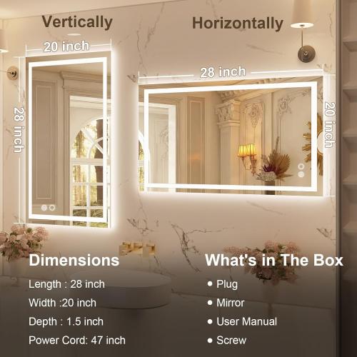 20x28 Inch LED Bathroom Mirror with Lights, Backlit   Front Lit, Dimmable Wall Bathroom Mirror with Led Lights, Anti-Fog, Tempered Glass, 3 Colors, Memory(Horizontal/Vertical)