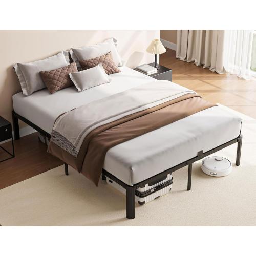 King Metal Bed Frame 14 Inch, Heavy Duty Platform, No Box Spring Needed | Headboard compatible, round corners, under-bed storage, mattress retainers, squeak-resistant, easy assembly
