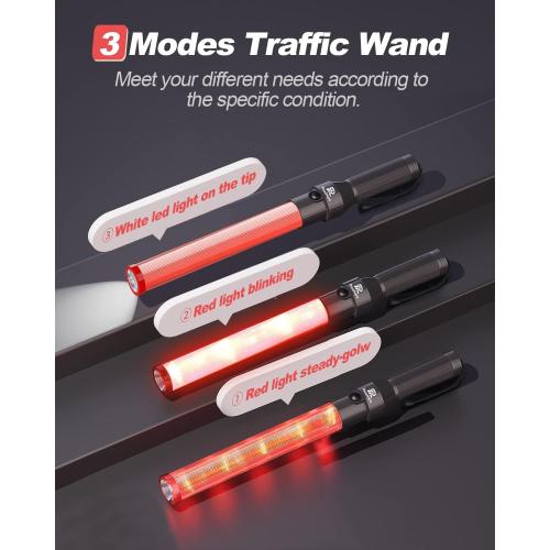 RoadHero 4 Pack Traffic Batons, 16 Inch LED Traffic Control Batons, Night Safety Light Wands with 3 Flashing Modes, Air Marshaling Signal Wand Plus White LED on Tip for Airport, Parking, Car Directing