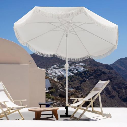 Tempera 9ft Auto Tilt Scalloped Patio Umbrella with Fringe(White) | Outdoor Table Umbrella, Fade Resistant Canopy, 8 Sturdy Ribs, Luxurious Vintage, For Lawn, Pool, Deck, Balcony