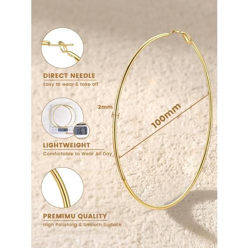 KeyStyle Gold Hoop Earrings for Women, Stainless Steel Hoops Earring Lightweight Loops, 2 mm Thick Hypoallergenic Circle Endless Thin Hoop (30 mm,50 mm,70 mm,100 mm)
