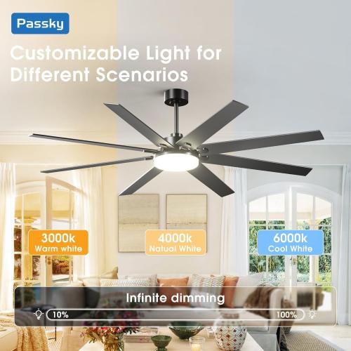 Size 72 inch Color Black Ceiling Fans with Lights, Large Modern Ceiling Fan with Light and Remote Control, Reversible, 3CCT, Dimmable, Quiet, Black Ceiling fan For Bedroom, Living Room, Patio Farmhouse, Indoor/Outdoor