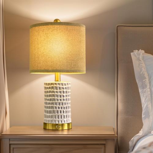 PORTRES 19 Farmhouse 3-Way Dimmable Touch Ceramic Table Lamp Set of 2 White Bedside Lamps for Bedroom Lamps for Living Room Nightstand Lamp End Table lamps with USB A C Charging Ports(Bulbs Included)