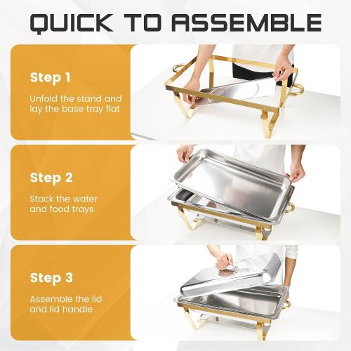 Chafing Dishes for Buffet, 4 Pack Chafing Dish Buffet Set, 9QT Elegant Gold Colors Stainless Steel with Folding Frame Chafing Dish Buffet Set, Food Warmers for Parties, Weddings, Holiday Parties, etc