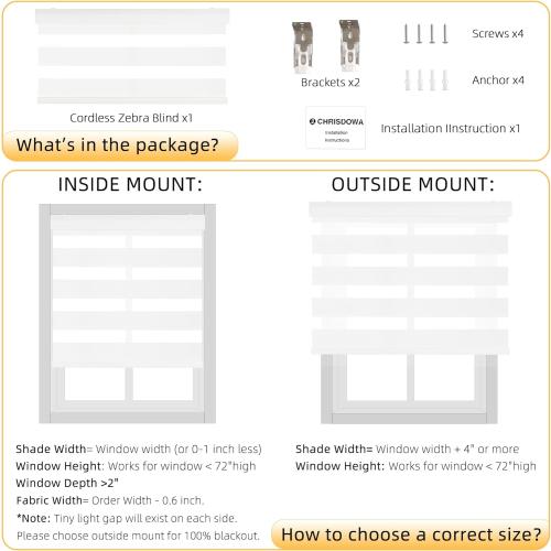 ChrisDowa Cordless Zebra Blinds for Windows, Dual Layer Free-Stop Light Filtering Window Roller Shades, Pull Down Privacy Zebra Shades for Home, Office, Bedroom, Door (35 W x 72 H, White)