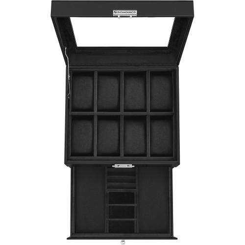 SONGMICS Watch Box, 8-Slot Watch Case Organizer with Large Glass Lid, 2 Layers, Removable Pillows, Metal Lock, Gift for Loved Ones, Black Synthetic Leather, Christmas Gift, Black Lining UJWB080B01