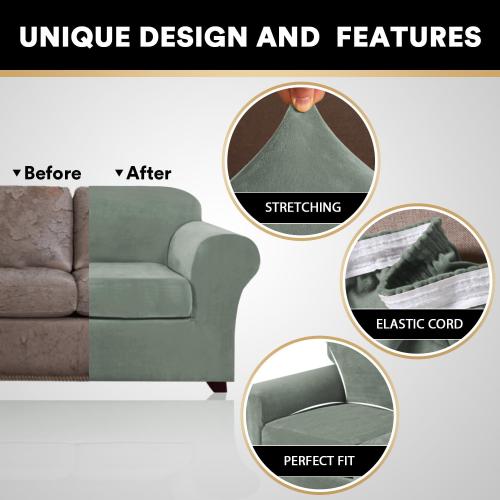 PrinceDeco Velvet Couch Covers for Sofa Soft 4 Pieces Couch Covers for 3 Cushion Couch Sofa Pet Friendly Furniture Protector with Non Slip Elastic Bottom Width Up to 90 Inch(Large, Seagrass)