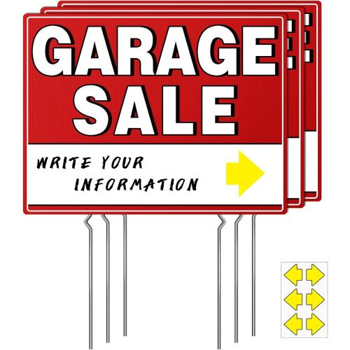Garage Sale Sign, 17 x 13 Double-Sided With Stakes and Arrow Stickers - Weather-Proof (3 Pack)