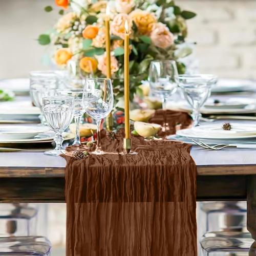 Pesonlook 24 Pack Cheesecloth Table Runner, 10FT Brown Table Runner Long Romantic Semi Sheer Rustic Boho Gauze Table Runners for Wedding Bridal Shower Birthday Party Decorations(21.5×120 Inch)