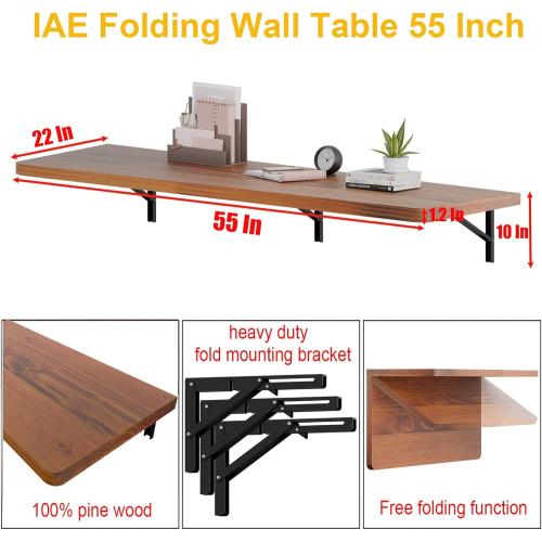 IAE Floating Wall Mounted Folding Table Desk with Pine Wood,55 x 22 Foldable Workbench,Fold Down Wall Mounted Foldable Desk with Shelf Brackets,Laundry Folding Table for Home,Dining,Kitchen,Teak