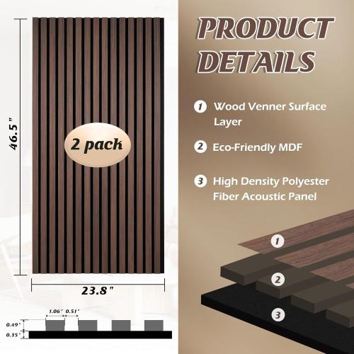 Wood Slat Wall Panels, 2 Pack Acoustic Panels 46.46 × 23.82, 3D Fluted Sound Absorbing Wall Panel for Home & Office Decor, Noise Reducing Interior Wall Treatment (Ebony)