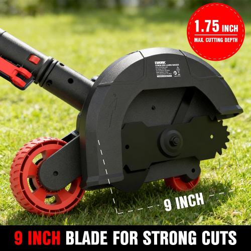 EWORK 20V Cordless Lawn Edger with 2 Batteries & Charger, Battery Powered Edger Lawn with 9 Metal Blade, 4 Adjustable Depth, Adjustable Handle, Dual Wheels, for Lawns, Driveways, Sidewalk Edges Red
