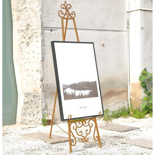18.25L x 25.5W x 55H Metal Scroll Extra Large Free Standing Adjustable Display Stand Easel with Chain Support, Heavy Duty Easel for Sign, Wedding, Picture Frame, Mirror, Gold (No Assembly Required)