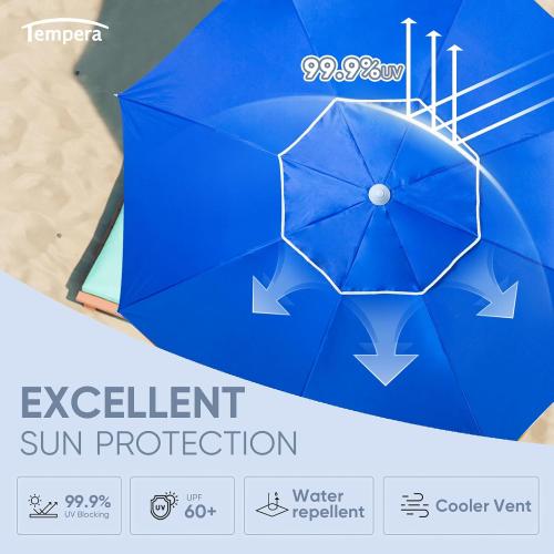 Tempera Heavy Duty High Wind Beach Umbrella with Sand Anchor & Carry Bag|Patio Outdoor Umbrella with Aluminum Frame and Push Button Tilt, Ideal for Travel Garden Lawn, UPF 60 ,Blue