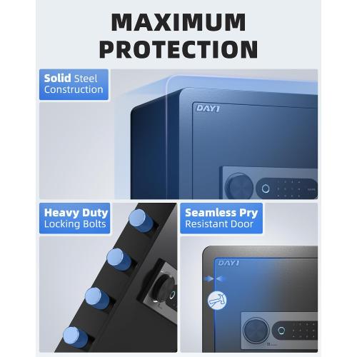Black DAYI Biometric Fingerprint Safe Box, 2.0 Cubic Feet Home Safes with Fireproof Bag, Digital Touchpad Security Safe for Money Cash Documents, Dual Alarm System - DF-45