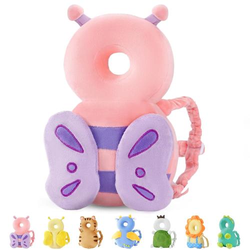 JunNeng Baby Head Protector Backpack for Walking Crawling, Pink Butterfly | Soft, Breathable, Adjustable, Baby Fall Back Head Protector for Falling