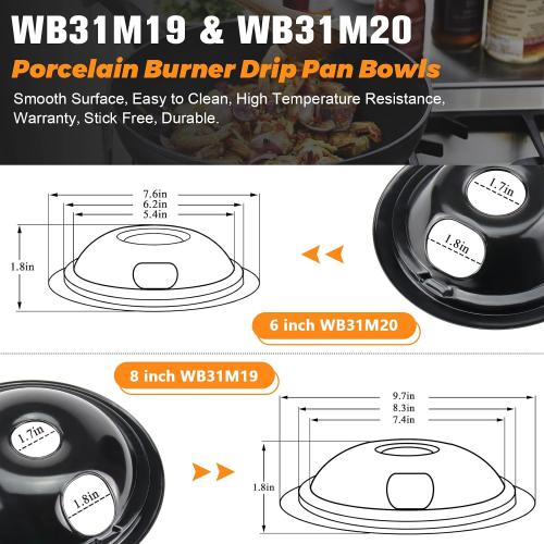 WB31M19 WB31M20 Porcelain Drip Pans by Blutoget - Compatible for GE Hotpoint Range Cooktop -Includes 3 6-Inch and 1 8-Inch Pans -4 Pack (Black Porcelain)- Stove Drip Pans for 3 Small Burners & 1 Large