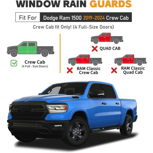 Shatterproof Taped-On Window Deflectors for Dodge Ram 1500 Crew Cab 2019-2025 (New Body Style), Rain Guards, Window Visors for Cars, Vent Deflector, 4pcs