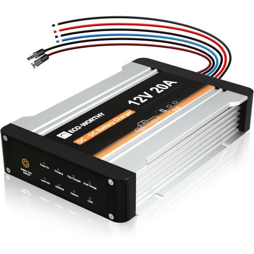 ECO-WORTHY 12V 20A DC to DC Charger with Solar Charge Controller Built-in,2 in 1 On-Board Battery Charger with MPPT LiFePO4 Lithium Battery Gel AGM, Multi-Stage Charging for Solar Panel Alternator