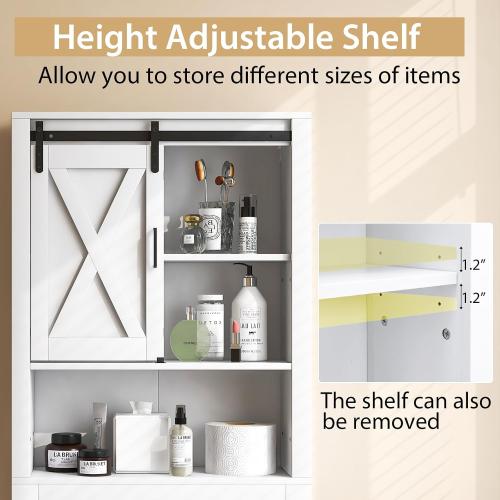 3-Tier Over The Toilet Storage Cabinet, Freestanding Bathroom Organizer Shelf with 3-Position Adjustable Shelves, Above Toilet Organizer with Sliding Barn Door, Space Saver, White