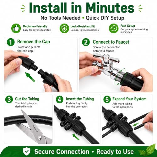 50 FT 1/2 Inch Drip Irrigation Tubing Kit:Premium Garden and Landscape Watering System-Drip Irrigation Hose with 2 Quick Connector 4-Way Connector,2 Quick Connector 6-Way Connector and Tube Cap