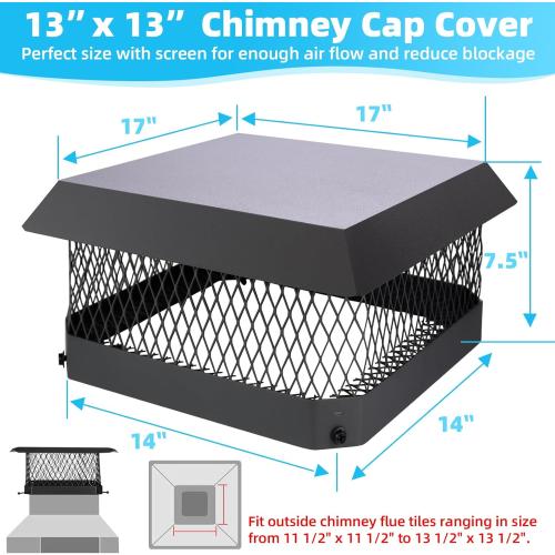 13 x 13 Chimney Caps Fireplace Chimney Cover for Outside Flue Tile Clay, Chimney Flue Cover Chimney Vent Cap with Screen Hood Plate,Galvanized Steel Chimney Rain Cap Roof Rain Guard Top Protector