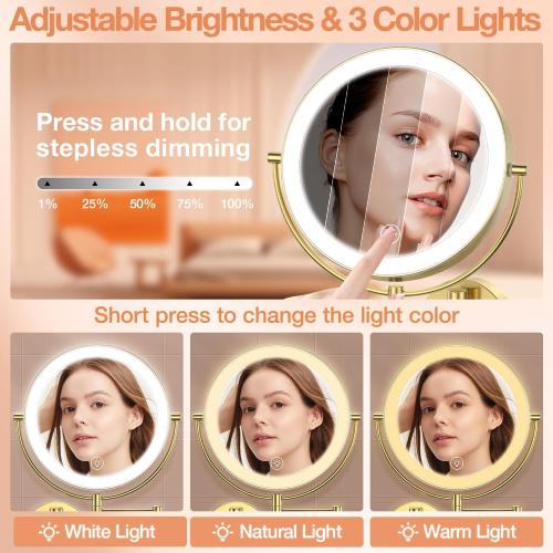 9 Wall Mounted LED Makeup Mirror, 1X/10X Magnifying Mirror Corded, Gold | Large Size, Plug-in, Not Battery Operated, 2-Sided Vanity Mirror, Extended Arm, 3 Color Lights, 360° Swivel, Touch Dimmable