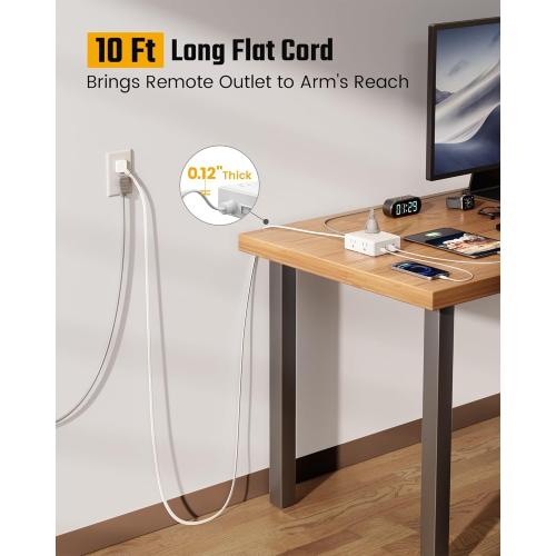 10Ft Extension Cord with Multiple Outlets, Flat Plug Surge Protector Power Strip 10 Ft Long Cord, 8 Outlets & 4 USB Ports (2 USB C), Desk Charging Station for Home Office, College Dorm Room Essentials