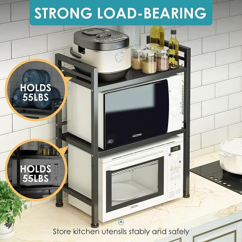 DOLALIKE Expandable Microwave Rack, Countertop Kitchen Utensils Tableware Storage, Carbon Steel 3 Tier Shelf with 3 Hooks