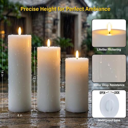 Flameless LED Candles, Flickering Larger Candles with Remote Control & Timer, Battery Operated Waterproof Pillar Candles,3pc for Valentine's Day,Indoor Outdoor Lanterns,Church,Wedding,Patio Porch