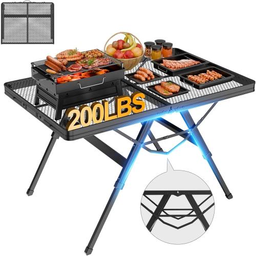 3 FT Folding Grill Table, Portable Camping Table for Outside, 3 Adjustable Height Folding Table with Desktop, Lightweight Outdoor, Camping, Picnic, BBQ