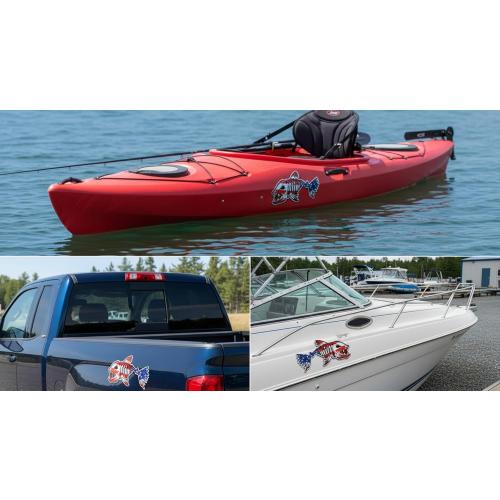 2 pcs US Flag Skeleton Fish Sticker by NTICKER - Waterproof Vinyl, Patriotic American Flag Fishbone Kayak, Fishing Boat Decal (12in, LR)