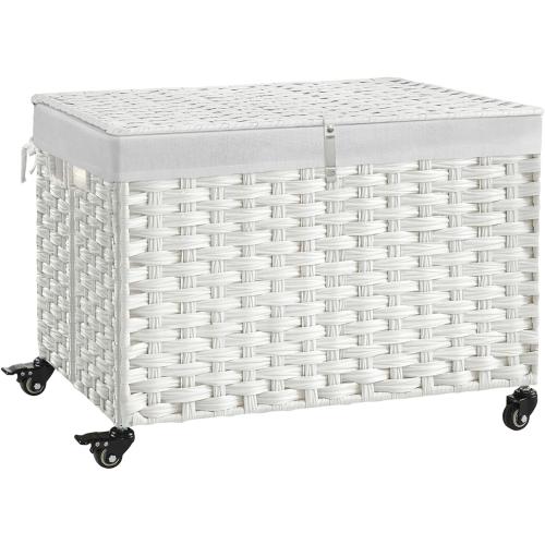 Rolling Storage Basket with Lid, 47.6 Gallon (180L) Storage Bin with Wheels, Woven Rattan Blanket Storage Basket with Handles, Foldable, Metal Frame, Removable Liner for Bedroom, Laundry Room, White
