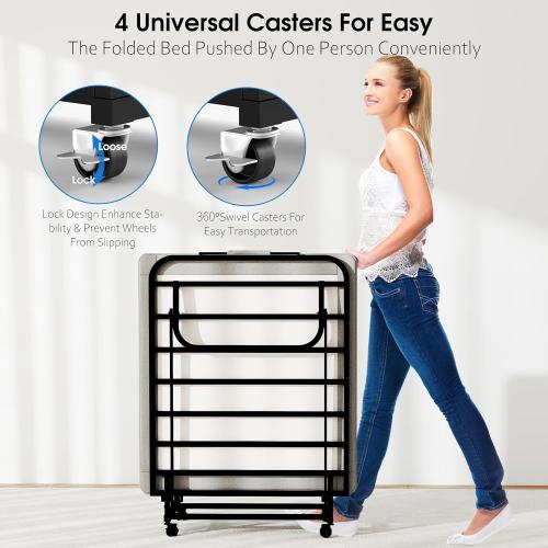 Folding Bed with Mattress, Portable Foldable Bed for Adults, Roll Away Guest on Wheels, Memory Foam Mattress and Metal Frame, Space Saving Fold Up for Easy Storage, 75 x 31