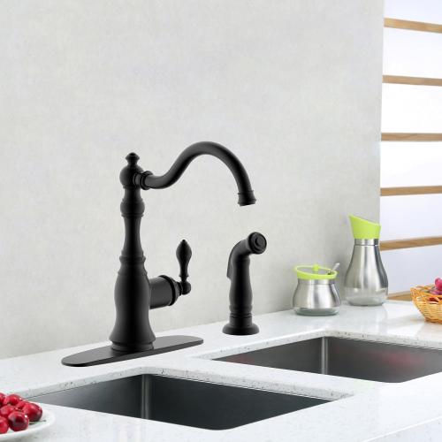 Matte Black Kitchen Faucet with Side Spray,8 Inch Single Handle Sink Kitchen Faucet with Deck Plate,2 Hole or 4 Hole Installation,Classic Style,KF-6832TB-MT