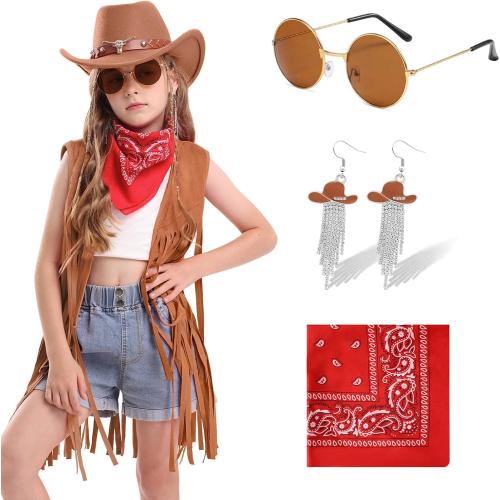 Cowgirl Outfits Costume for Girls 6 Pcs Kids Western Outfit Cowboy Hat Tassel Fringe Vest Earring for Halloween Party