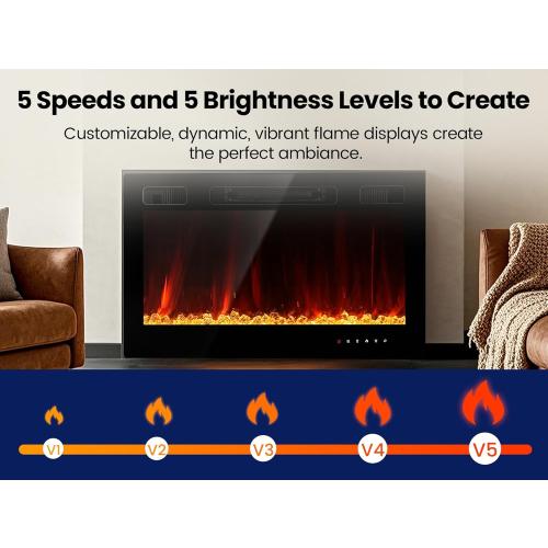Electric Fireplace Insert 36 Realsmart 1500W Wall Mounted Fireplaces Recessed Heaters Remote Control Slim Black Fireplace Touch Screen Timer 12 Flame Colors LED Decor Low Noise