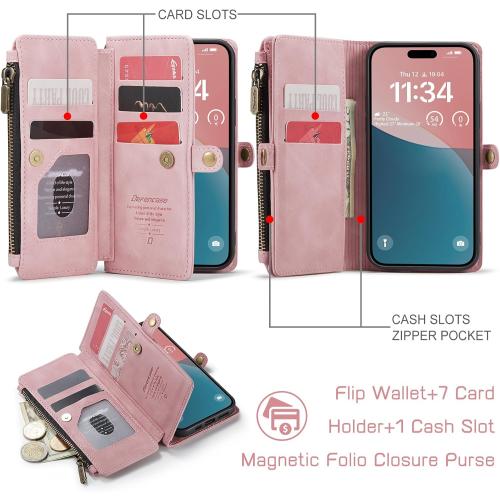 Defencase Compatible with iPhone 15 Case Wallet with RFID Blocking Card Holder for Women and Men, Fashion PU Leather Magnetic Snap Flip Zipper Strap Wallet Phone Case Fit for iPhone 15 6.1, Rose Pink