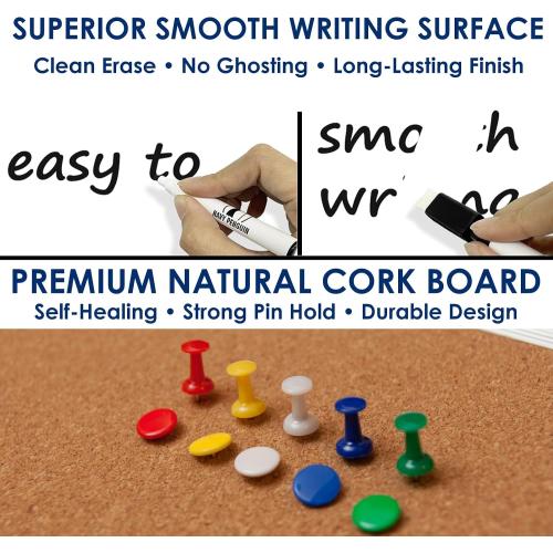 Combination Whiteboard Bulletin Board Set - 24 x 18 in Dry Erase/Cork Board with 1 Magnetic Dry Eraser, 4 Markers, 4 Magnets and 10 Thumb Tacks - Combo Tack Board White Board for Home Office Desk