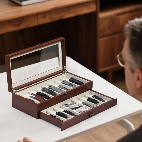 AUTOARK 2-Tier PU Leather & Velvet Knife Organizer with 17 Slots,Transparent Glass Top & Drawer,Compact Storage for Pocket Knives,Perfect for Men's Collections & Gifts,Brown,MKAW017